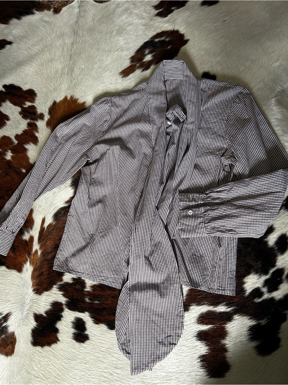 (3 for $25) Women's Brown Check Tie-Neck Blouse